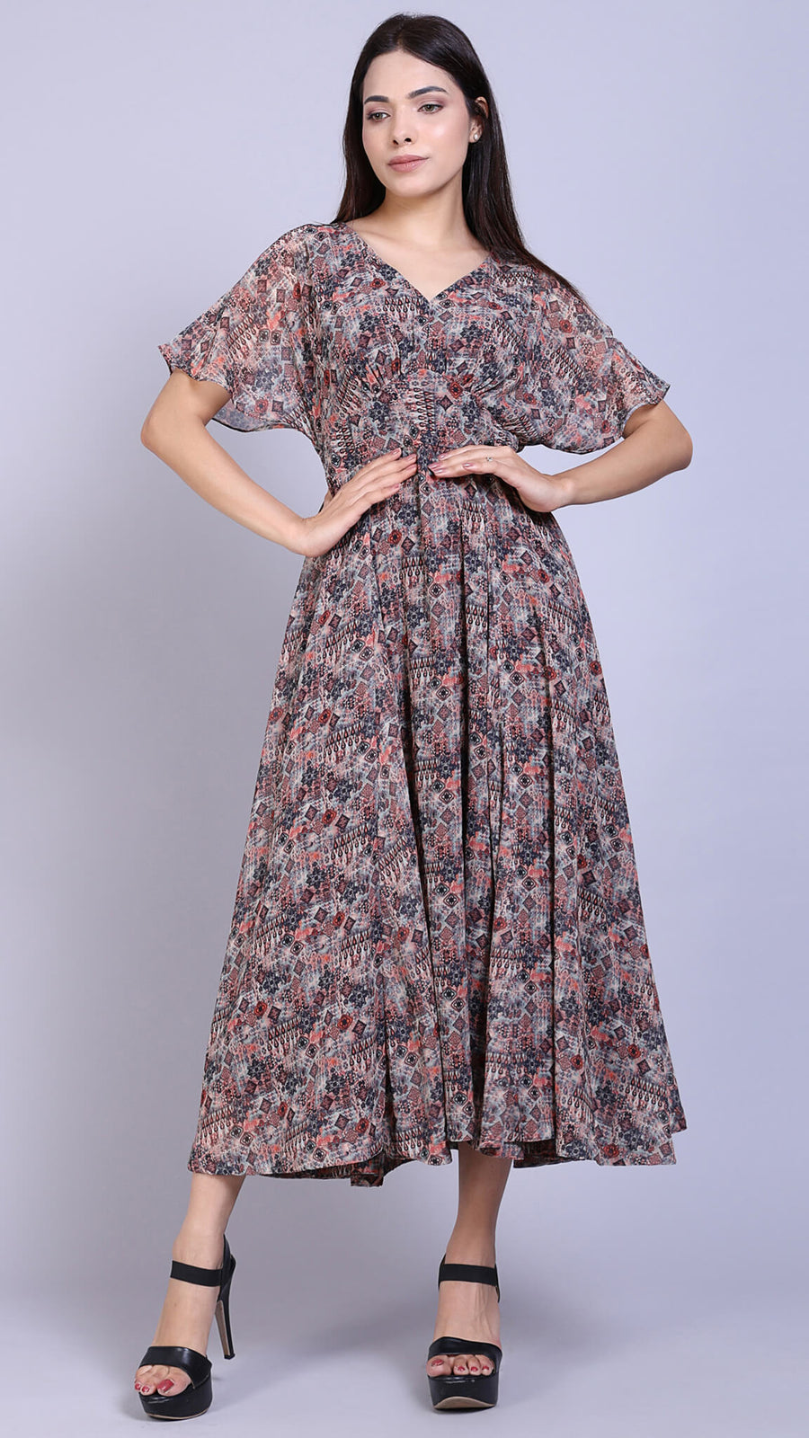 Multi Printed Kimono Sleeve Dress