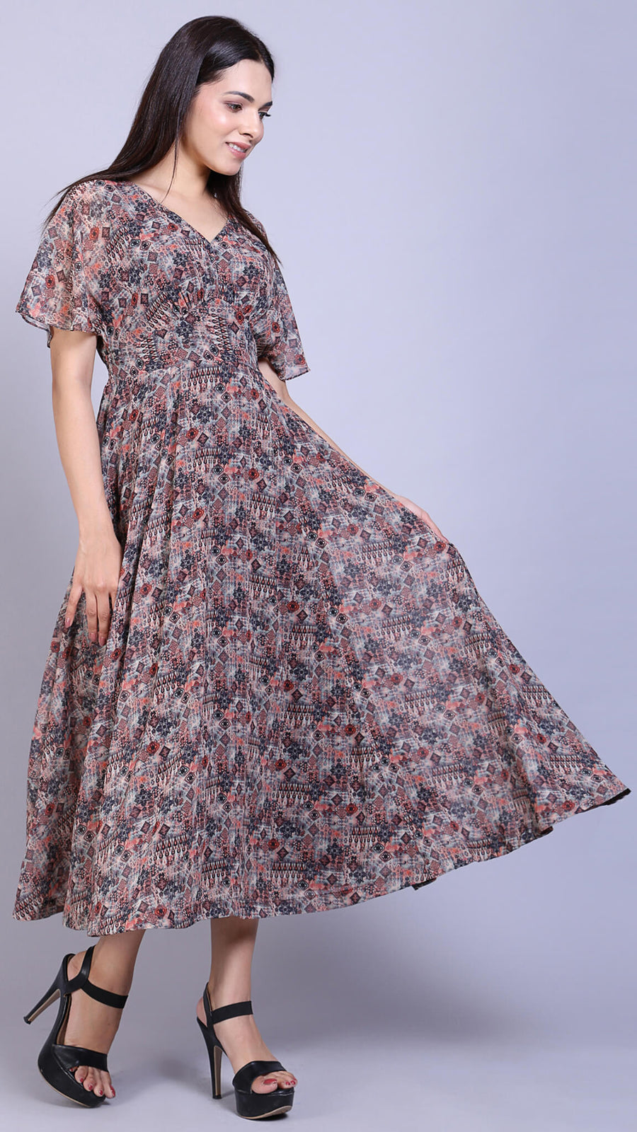Multi Printed Kimono Sleeve Dress