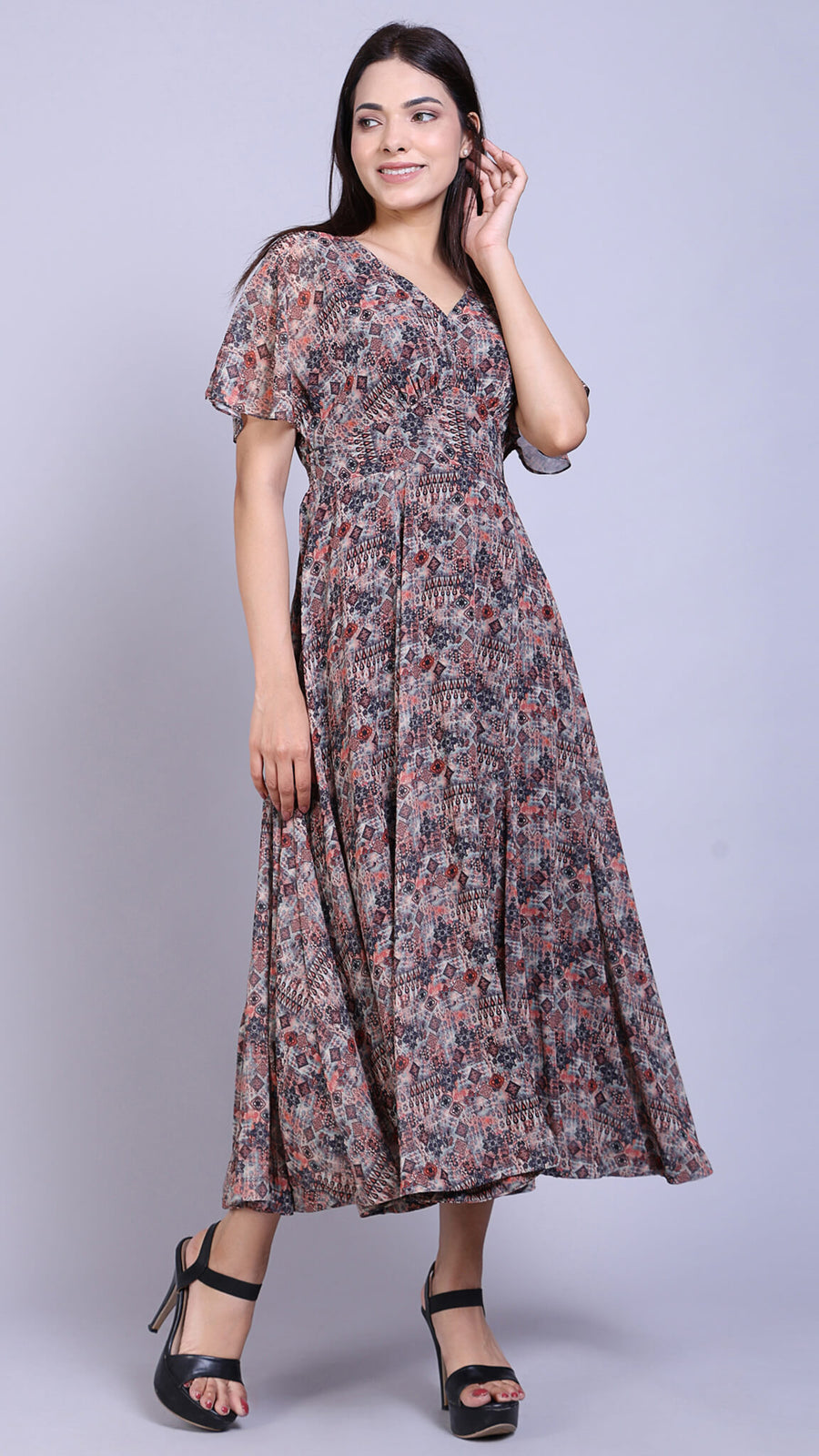 Multi Printed Kimono Sleeve Dress