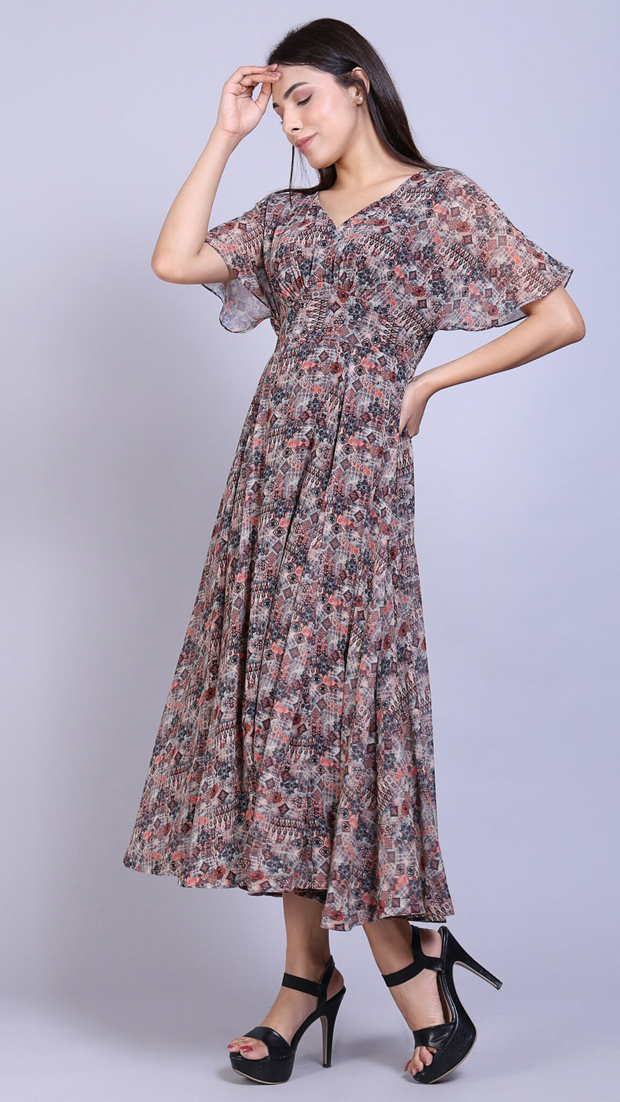 Multi Printed Kimono Sleeve Dress