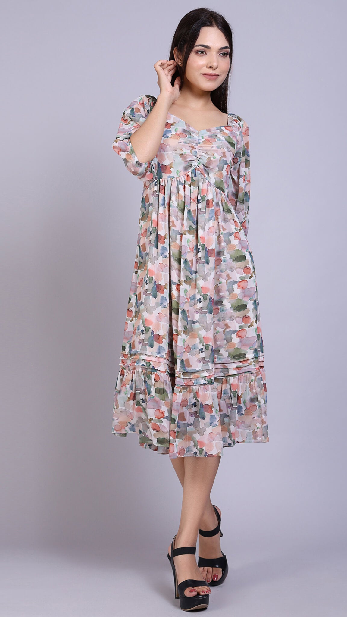 Front Detailed Floral Midi Dress