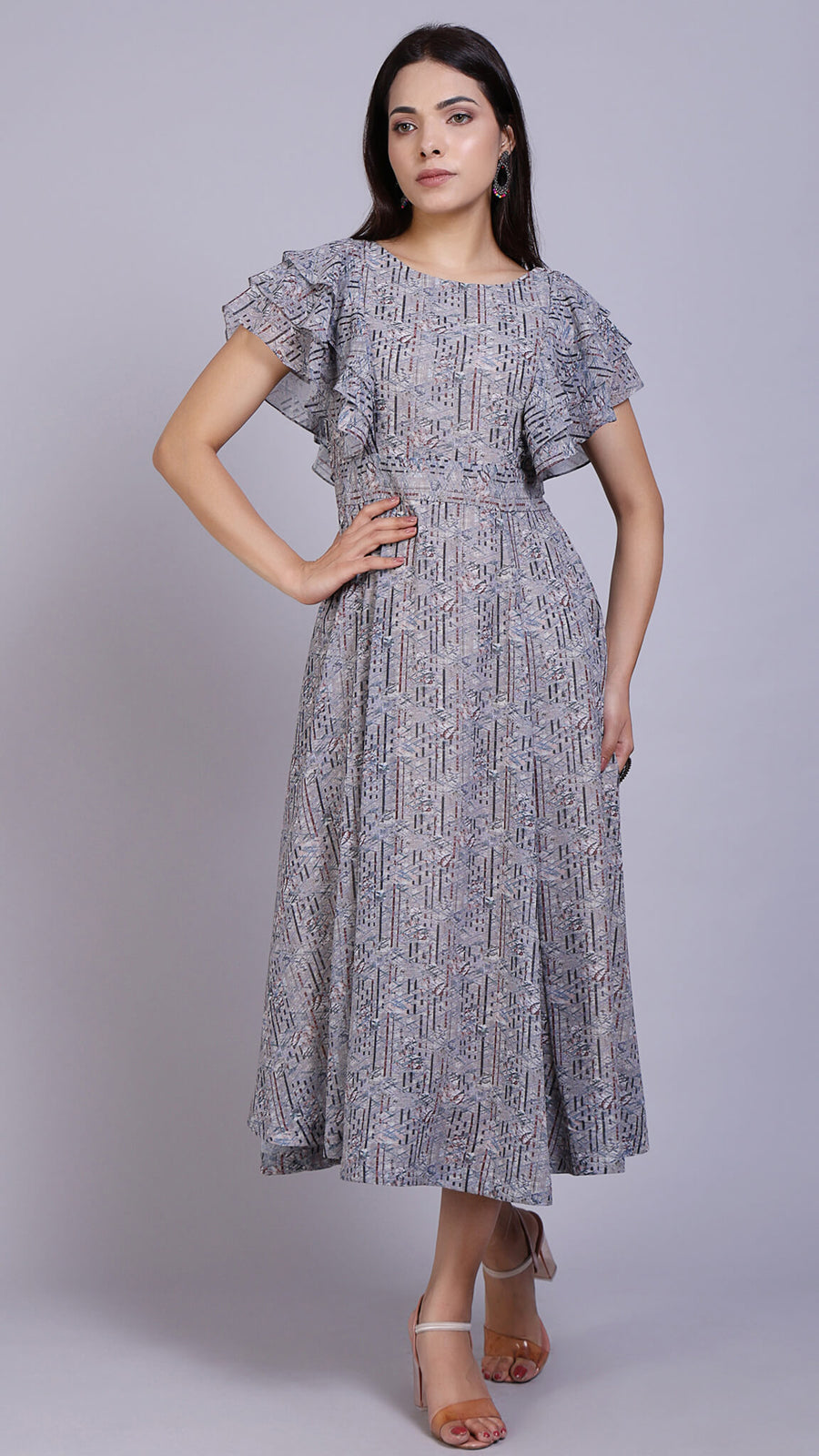 Layered Sleeves Multi Printed Maxi Dress