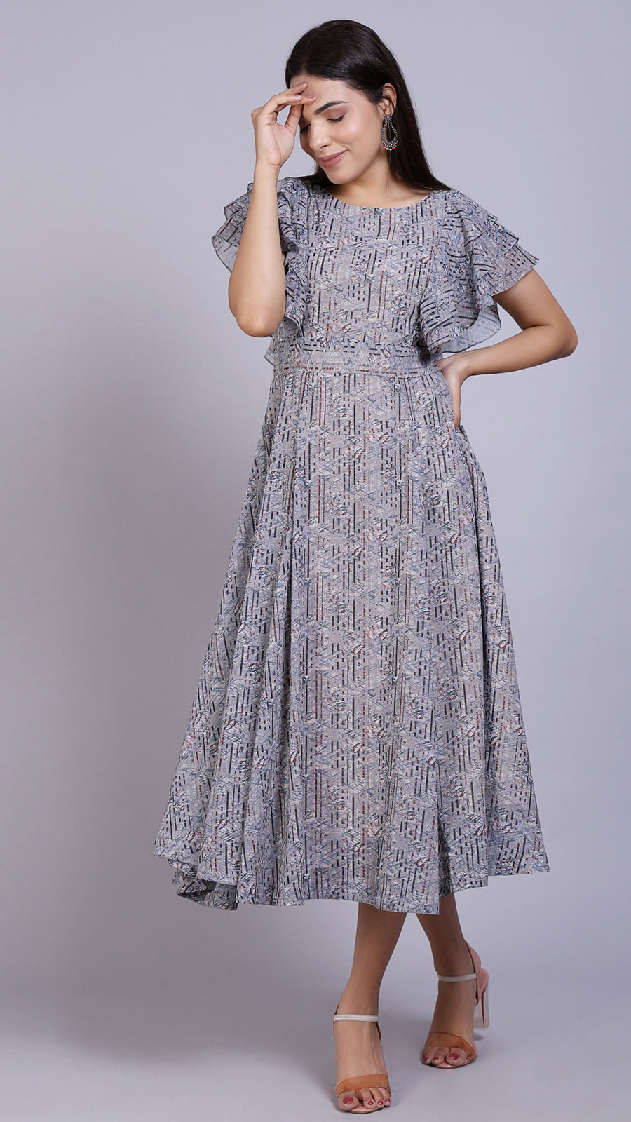 Layered Sleeves Multi Printed Maxi Dress