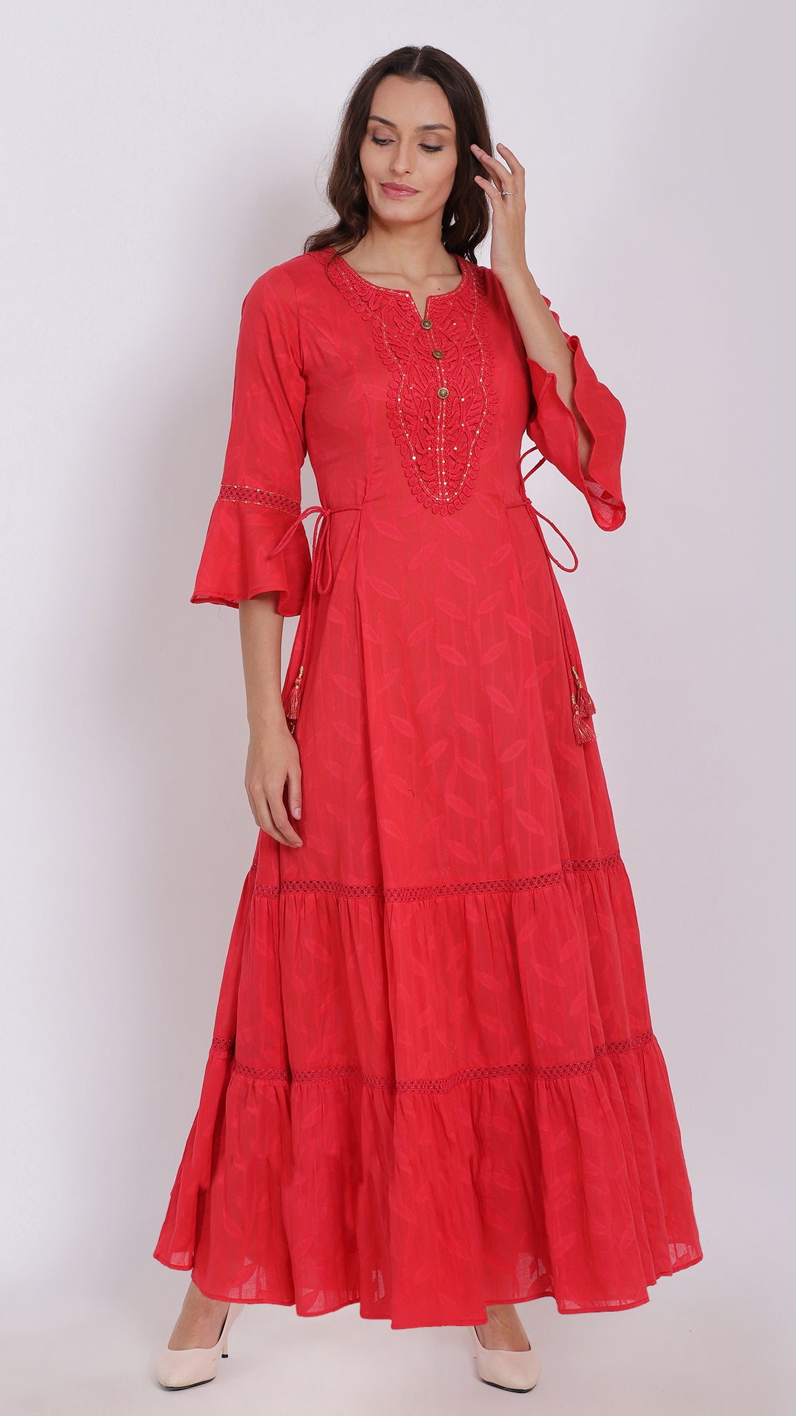 Embroidered neck coral tiered dress