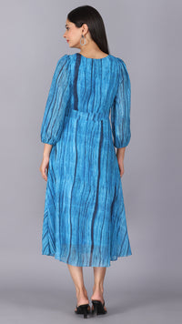 Thumbnail for Blue texture print wrap neckline dress