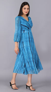 Thumbnail for Blue texture print wrap neckline dress