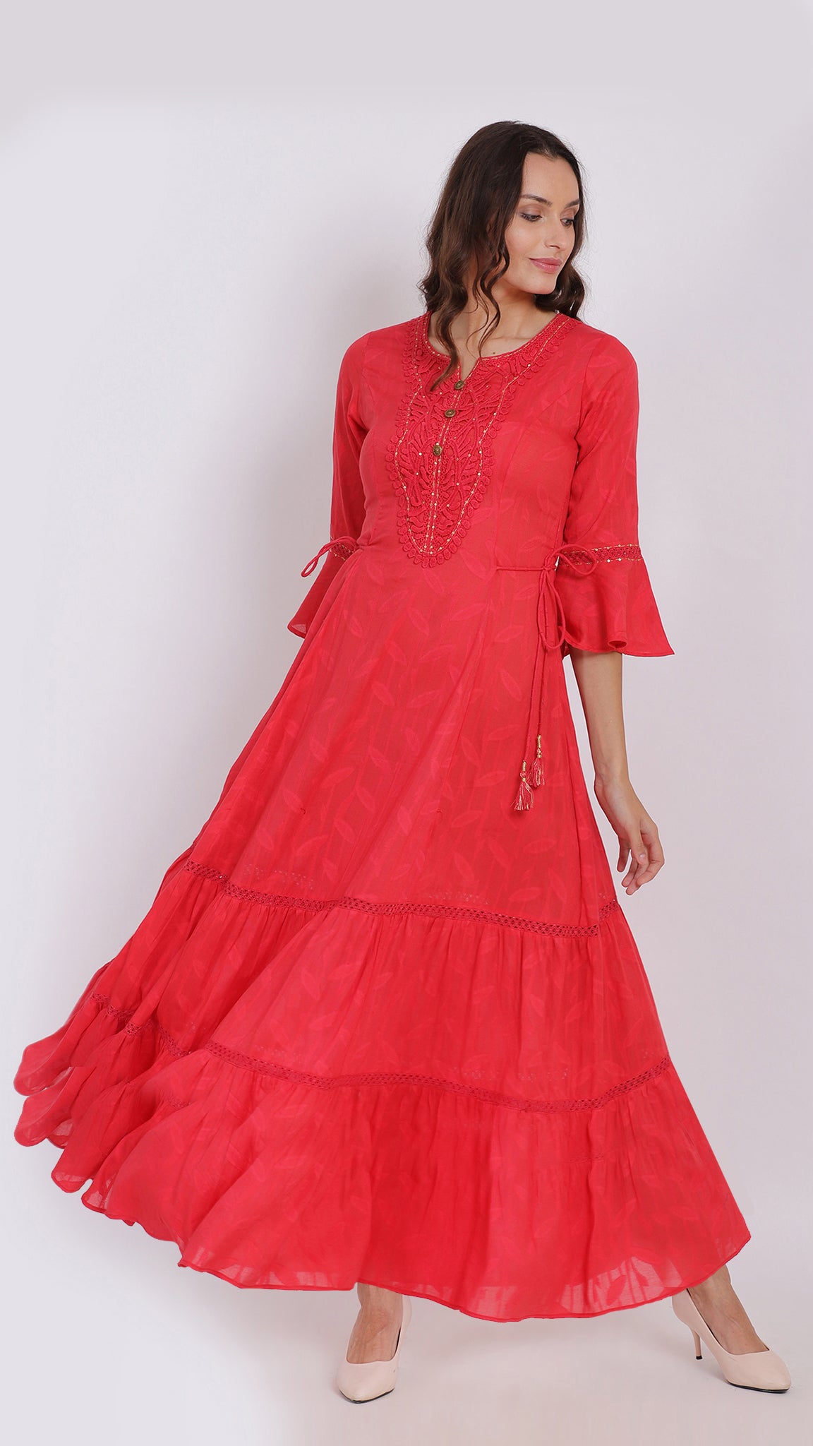 Embroidered neck coral tiered dress