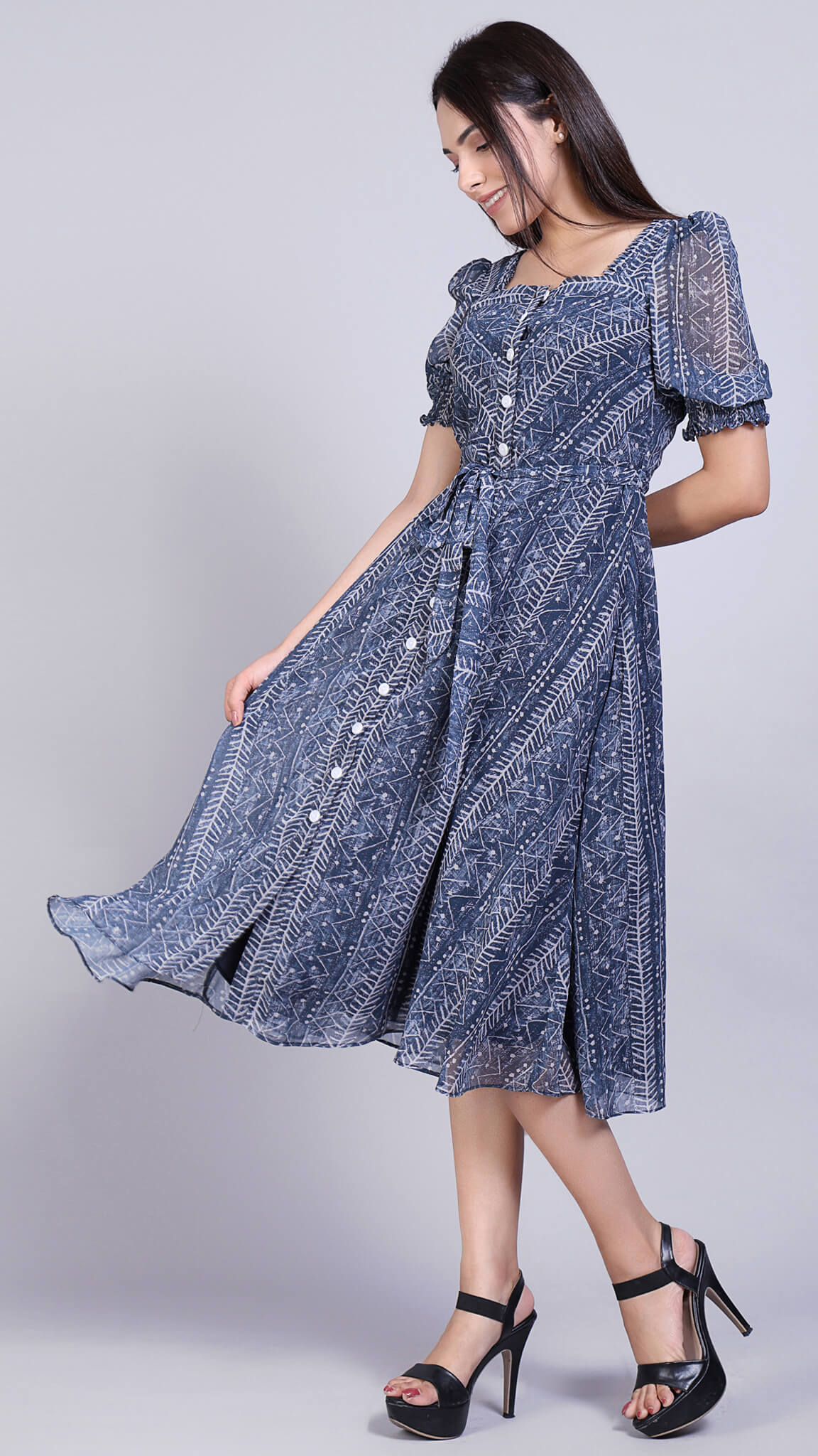 Multi Printed Dress with Ruffle Neckline