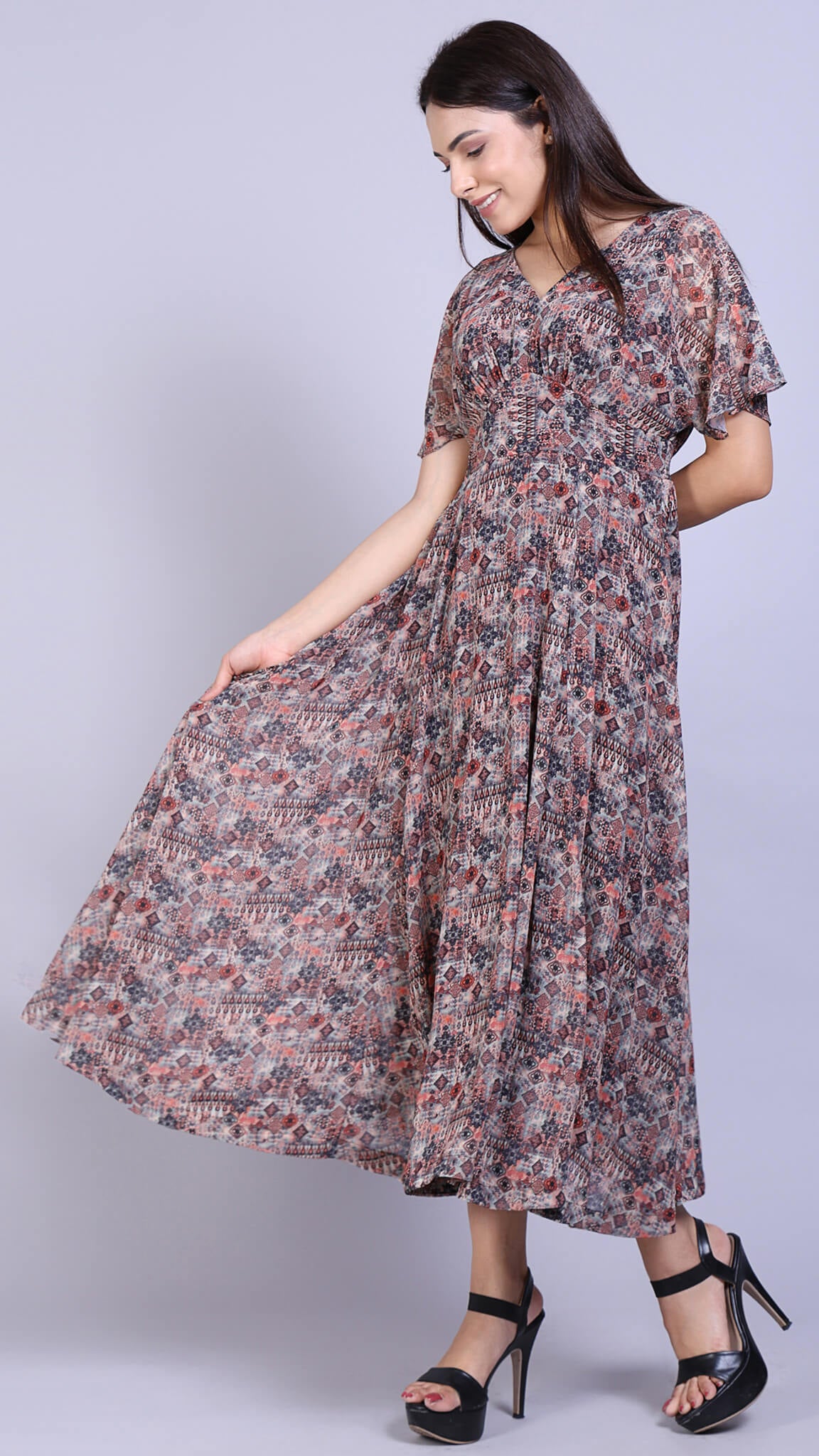 Multi Printed Kimono Sleeve Dress