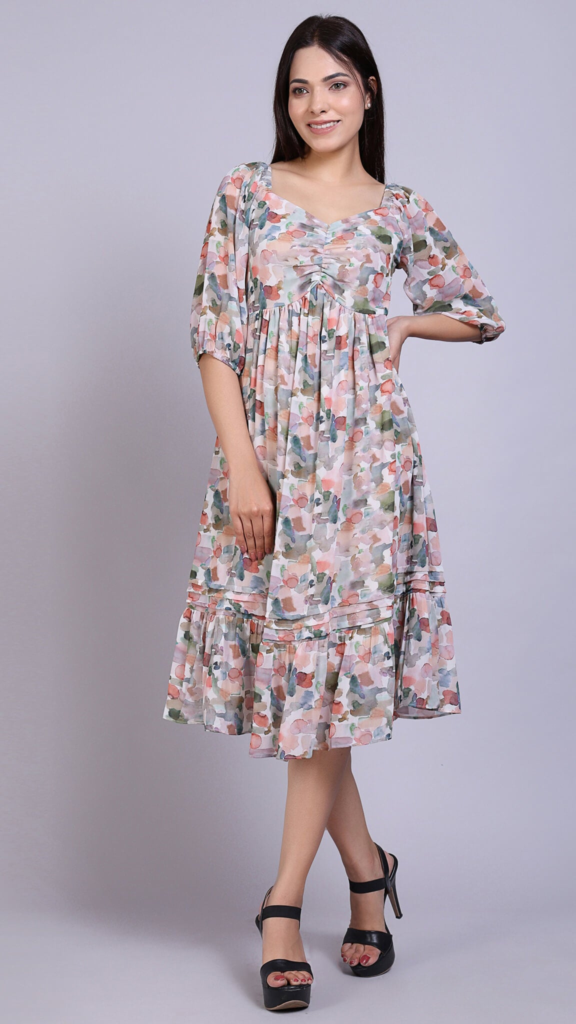 Front Detailed Floral Midi Dress