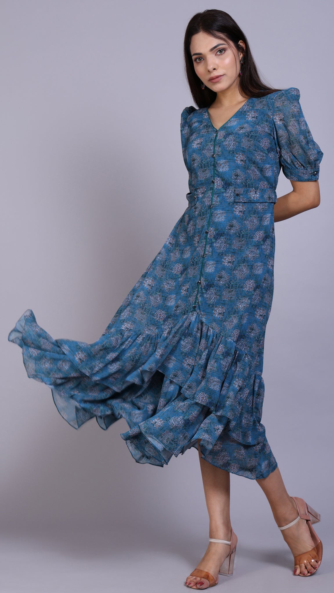 Blue Printed Floral Dress_3