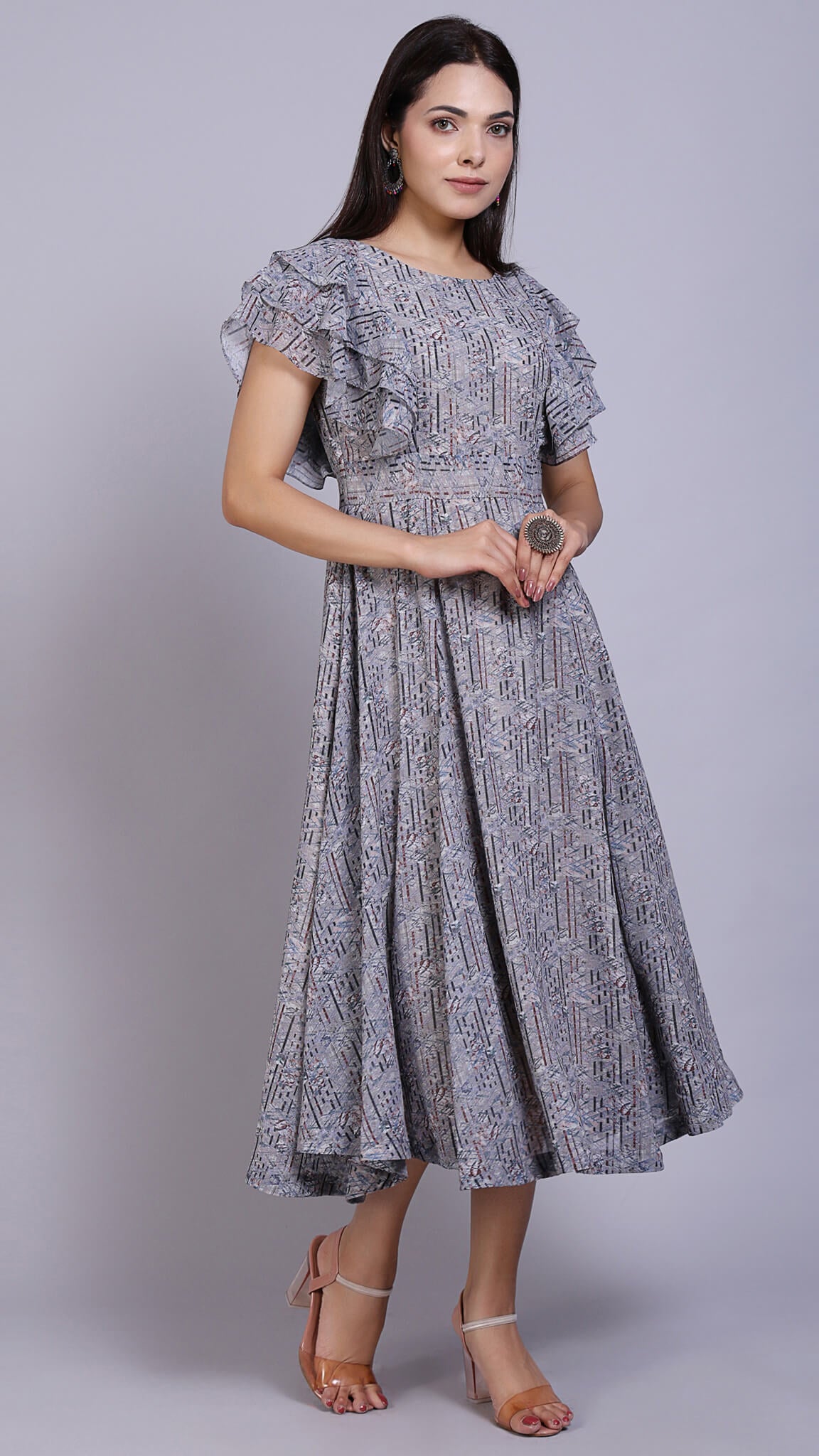 Layered Sleeves Multi Printed Maxi Dress