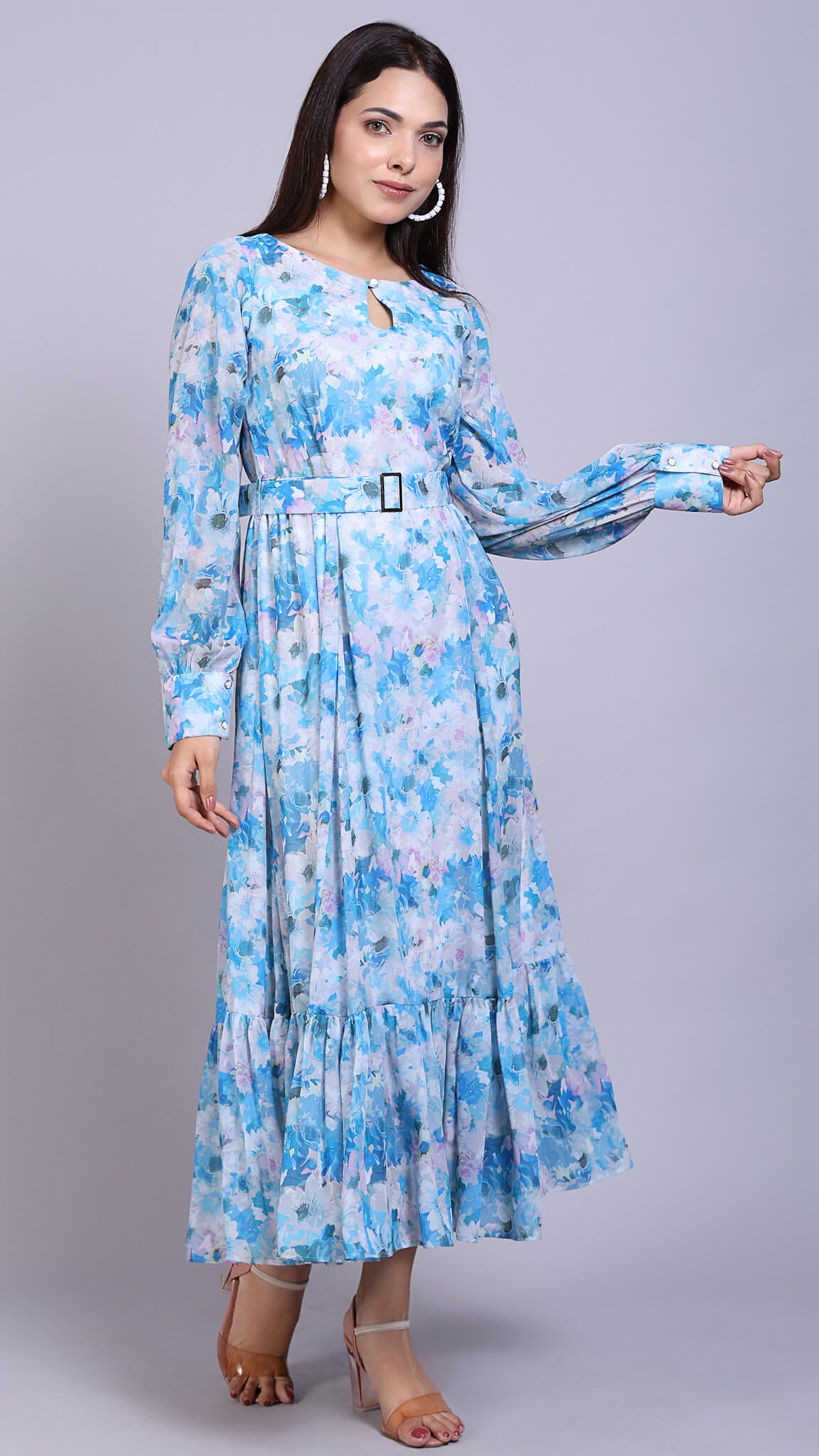 Berrylush Women Blue Floral Printed V-Neck Lace-Up Crepe Maxi Dress