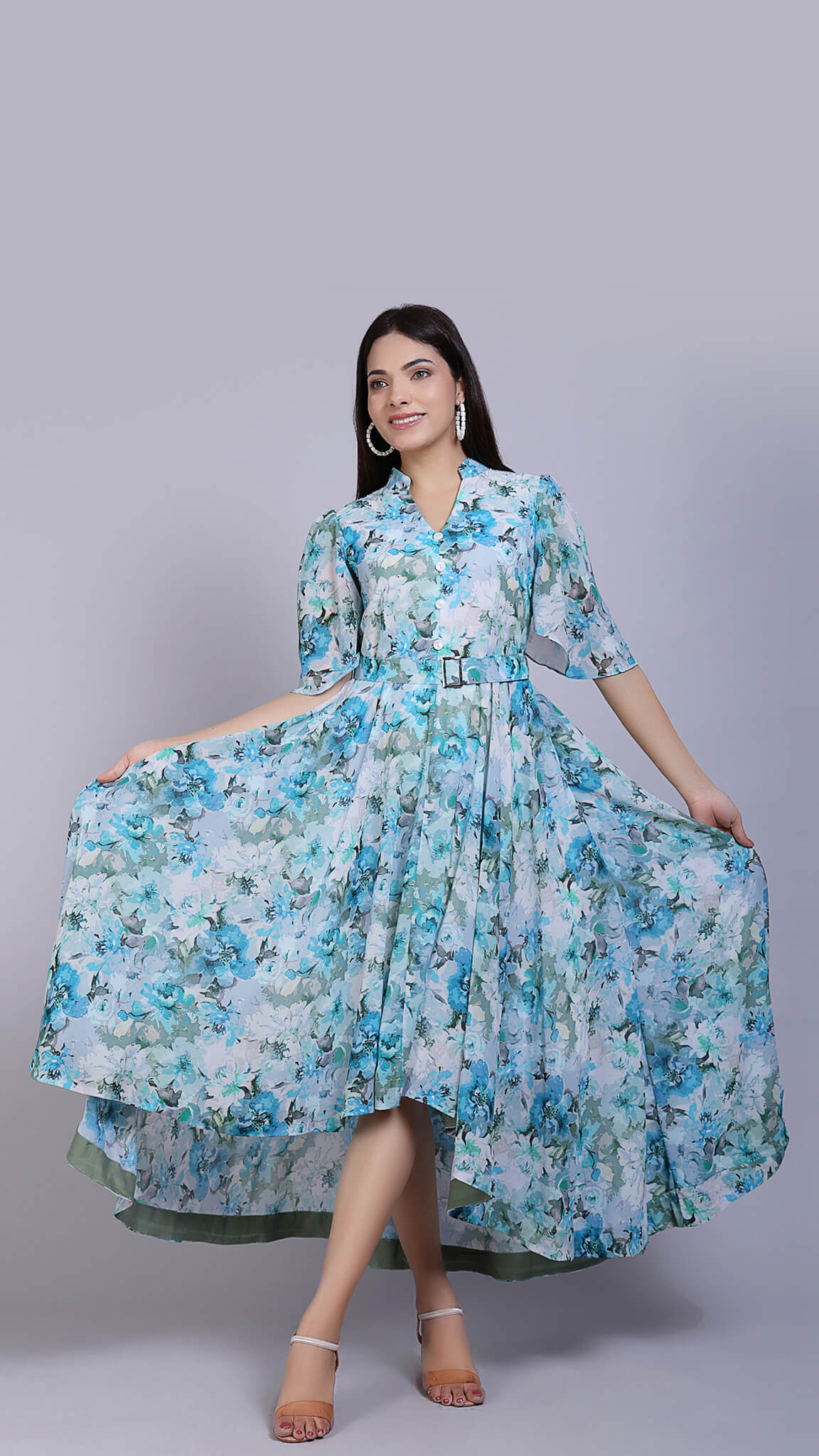 Floral Printed & Embroidered Fit-Flared Maxi Gown– Inddus.in