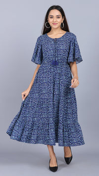 Thumbnail for Ethnic Print Bell Sleeve Maxi Dress