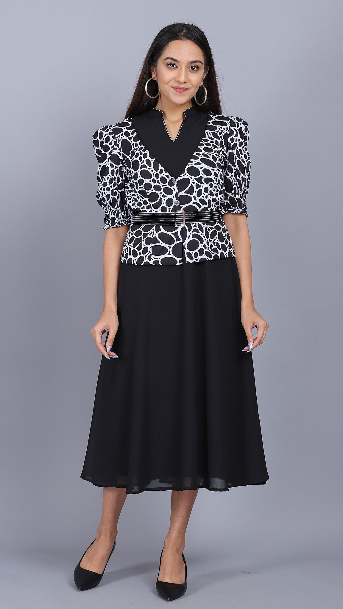 Black dress with geometrical printed Jacket 2 Pcs set