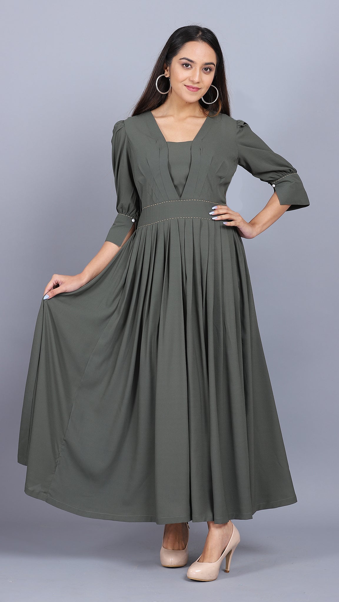 Olive Green Solid Empire Dress