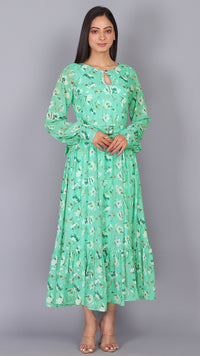 Thumbnail for Aqua green tiered hem puff sleeves maxi dress