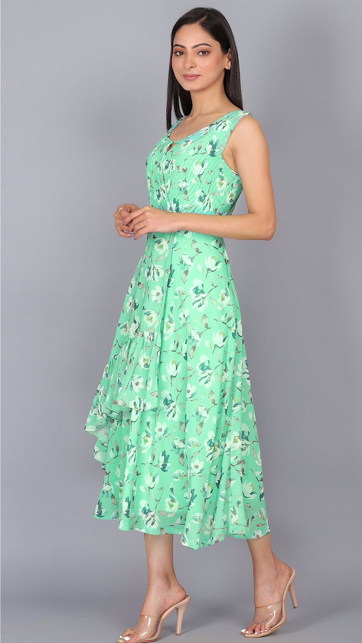 Aqua green side ruffle front detail maxi Dress