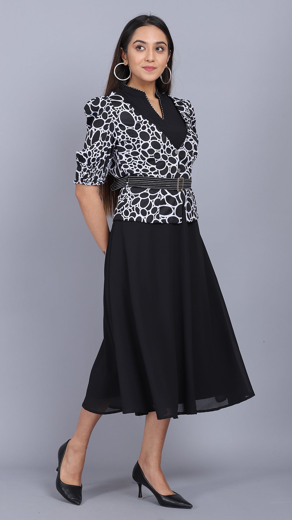 Black dress with geometrical printed Jacket 2 Pcs set