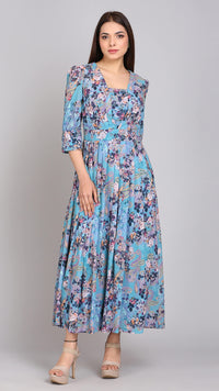 Thumbnail for Turquoise Multi Printed Empire Maxi Dress