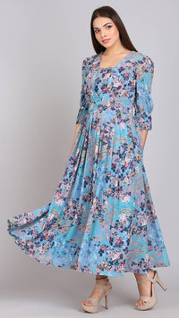Thumbnail for Turquoise Multi Printed Empire Maxi Dress