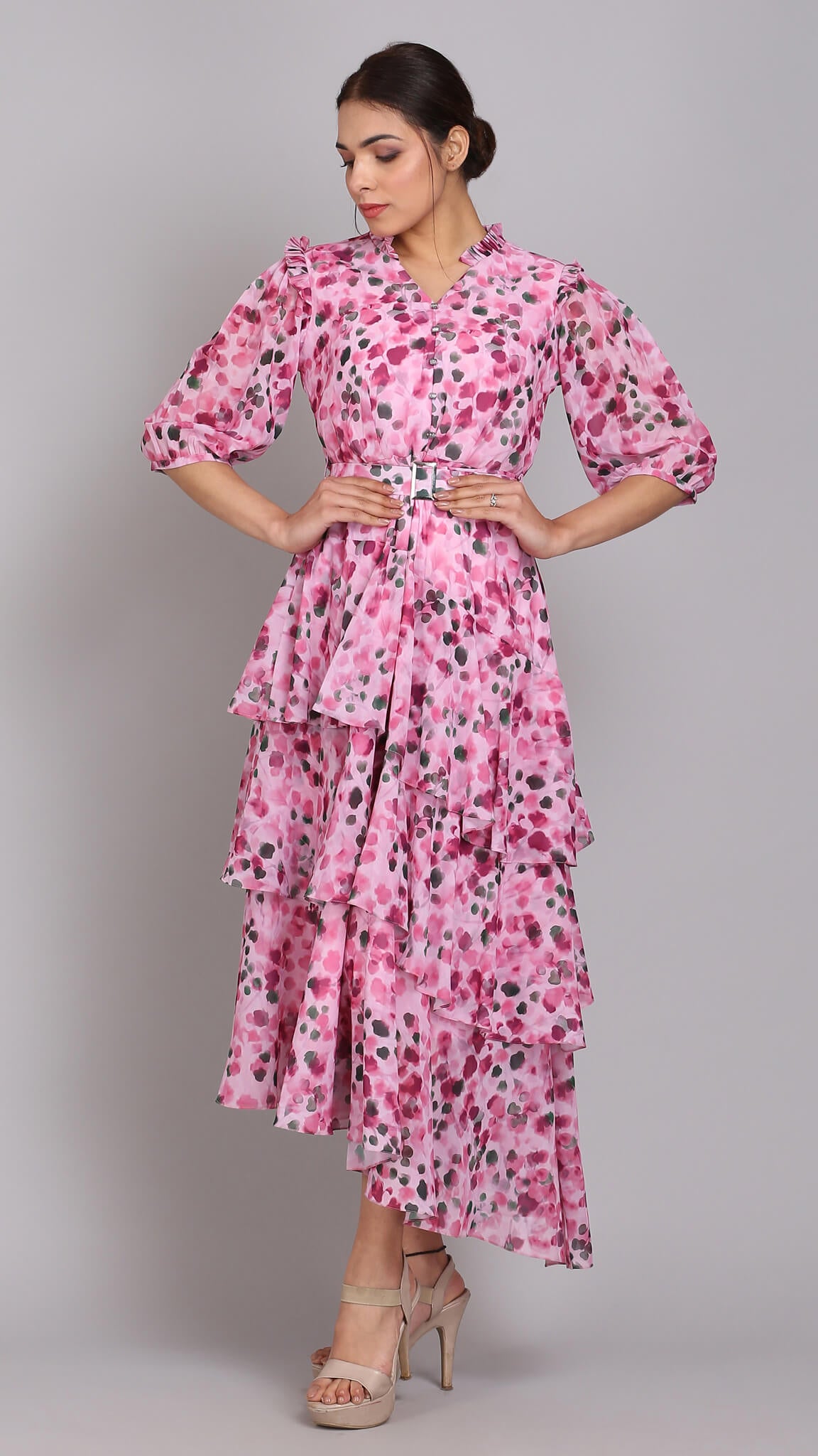 Magenta Floral 3 Layer Up-Down Maxi Dress