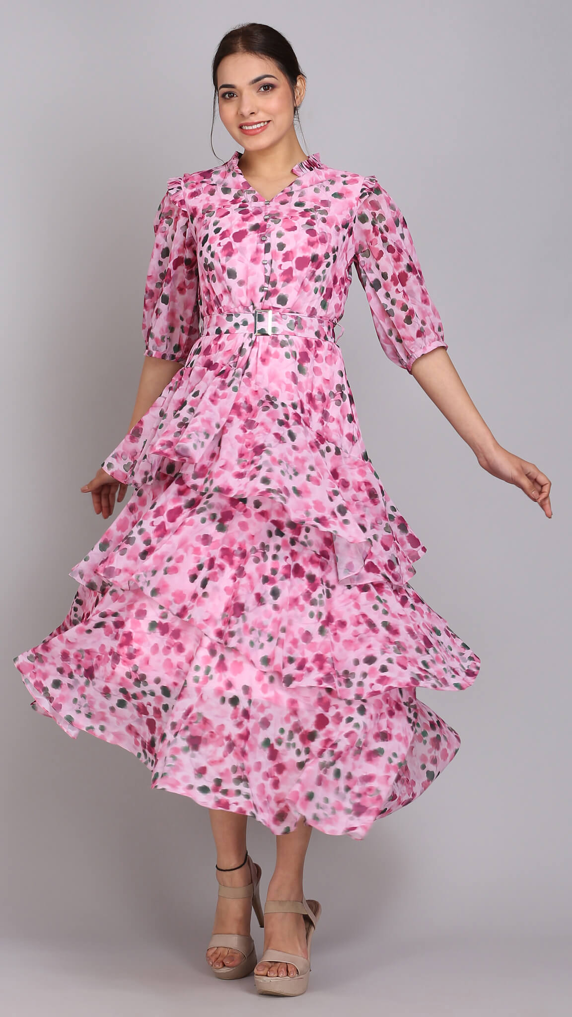 Magenta Floral 3 Layer Up-Down Maxi Dress