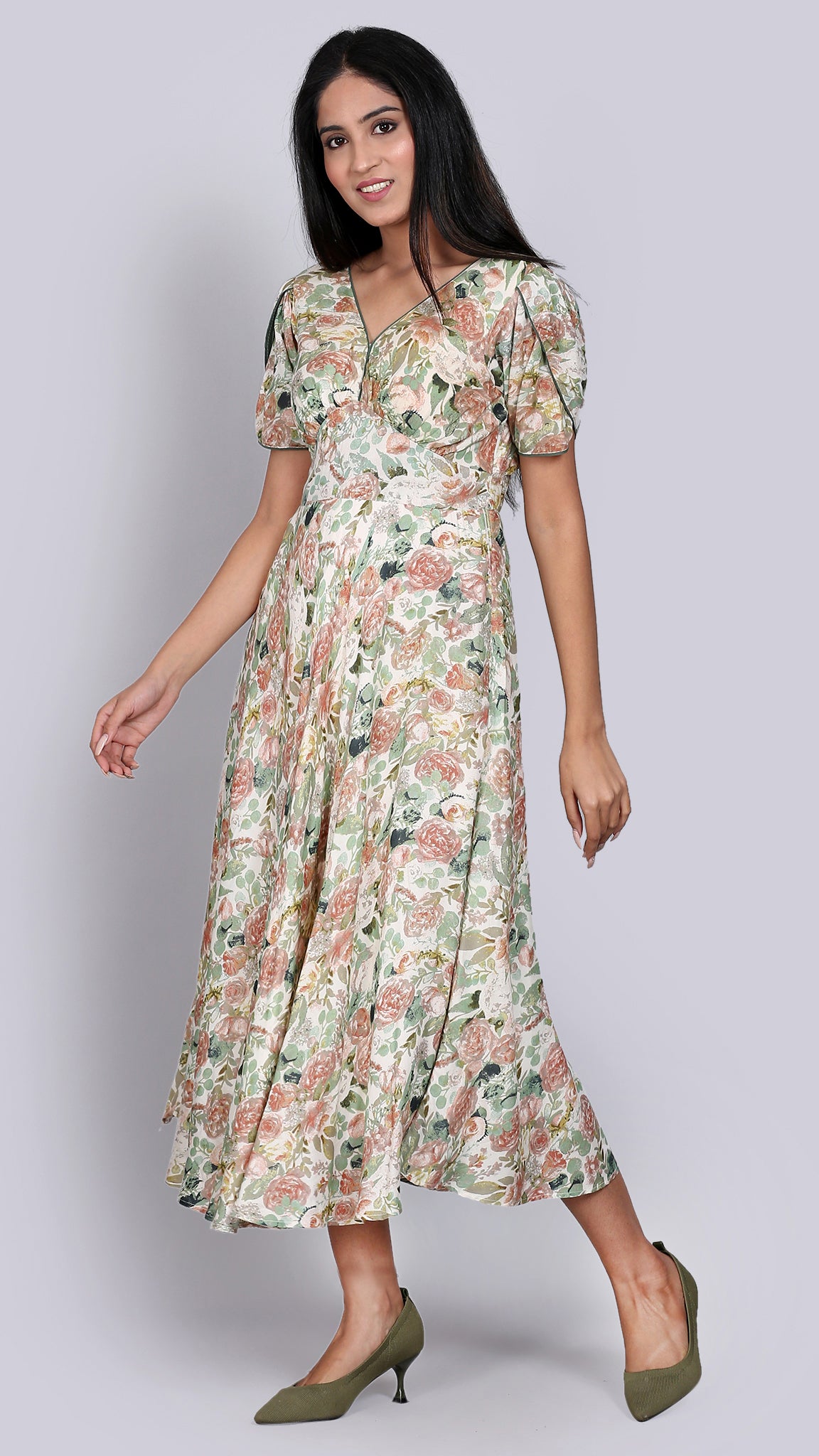 Wrap Sleeves Floral Print Dress