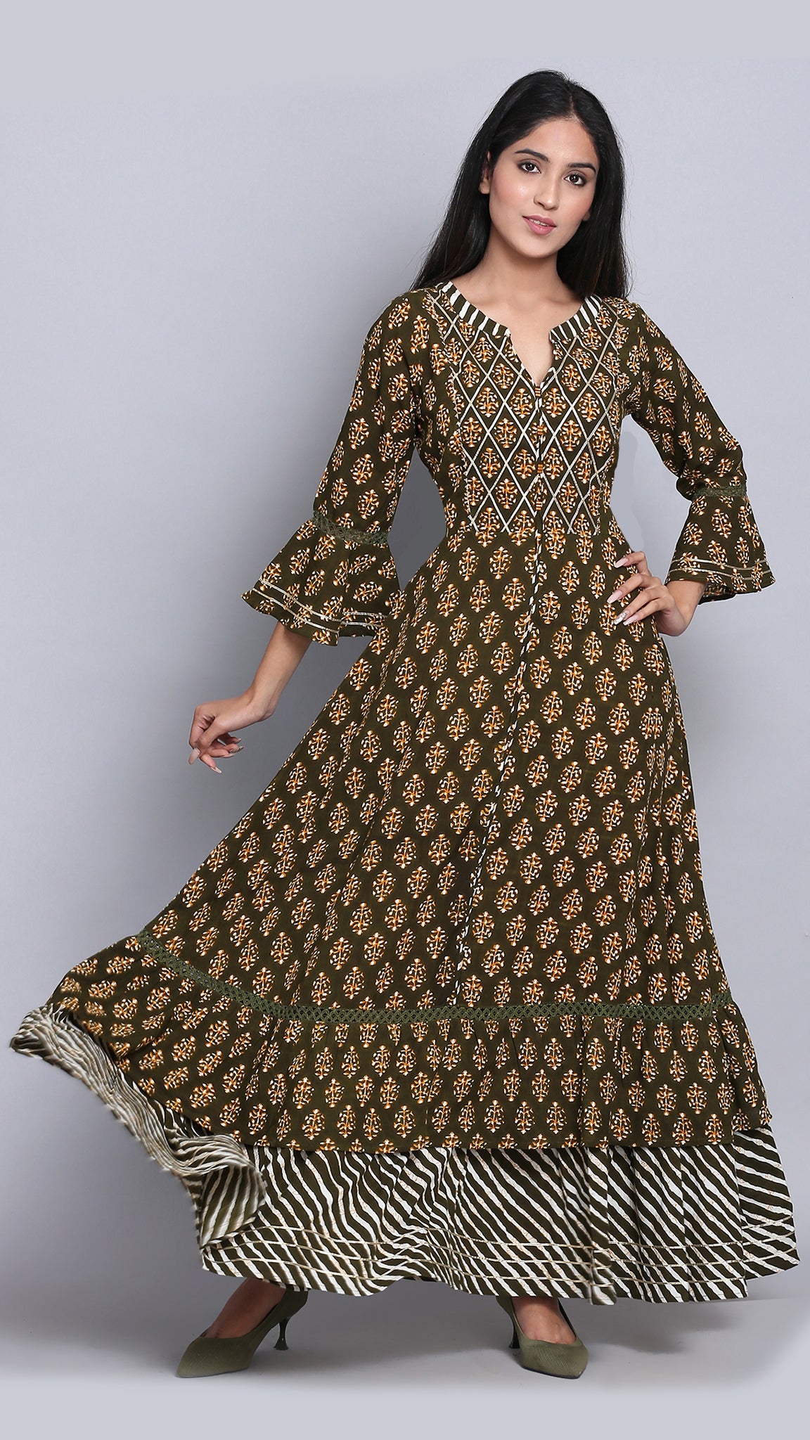 olive layered ethnic dress
