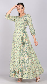 Thumbnail for Mint Double Layered Lotus Print A-Line Dress
