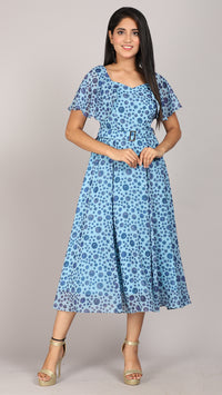 Thumbnail for Blue printed flared sleeves maxi dress