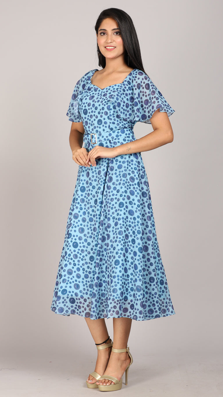 Blue printed flared sleeves maxi dress