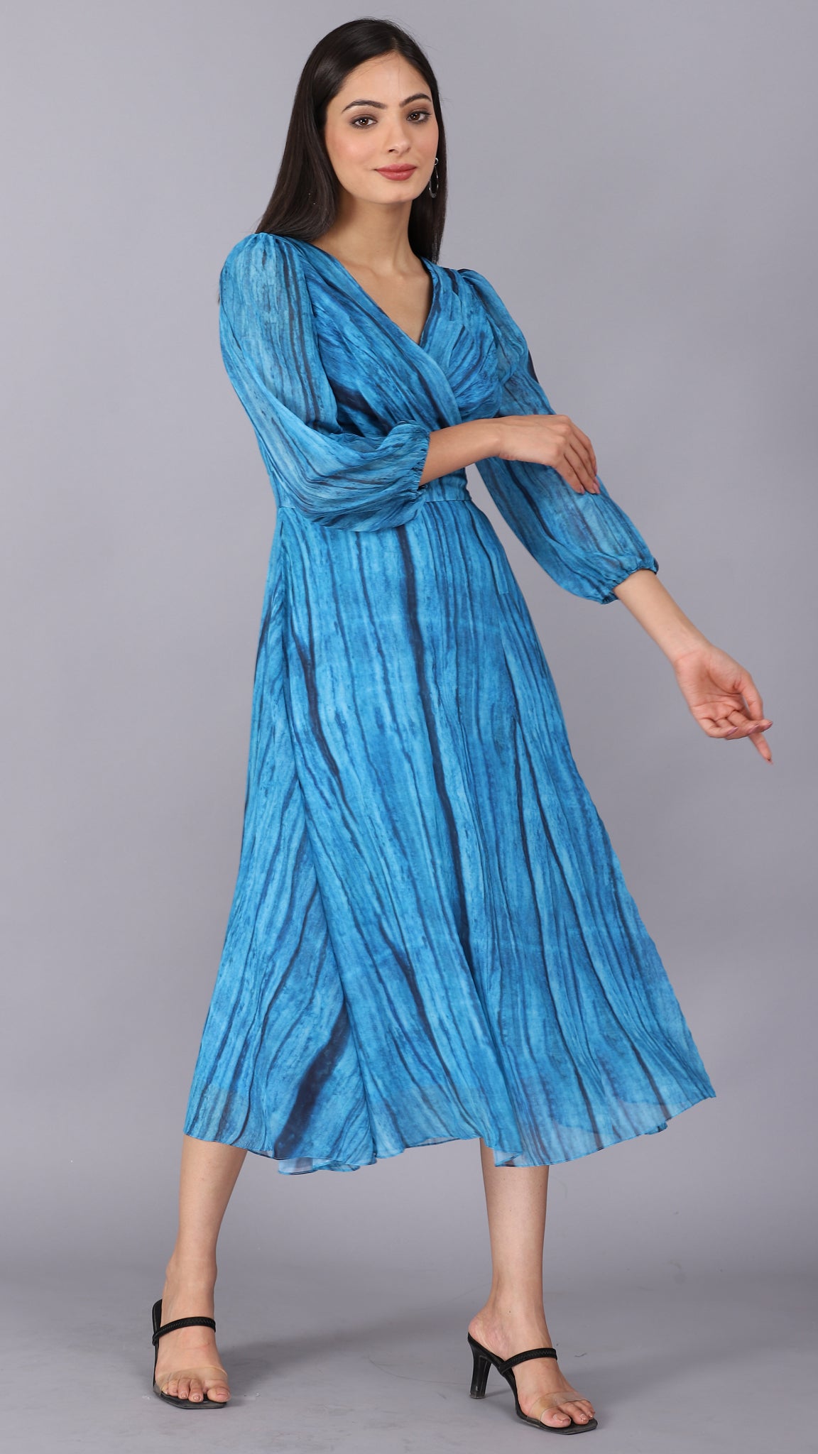 Blue texture print wrap neckline dress