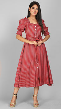 Thumbnail for Brick stripe dress with ruffle neckline