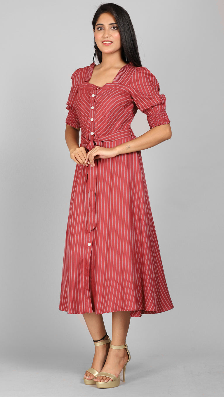 Brick stripe dress with ruffle neckline