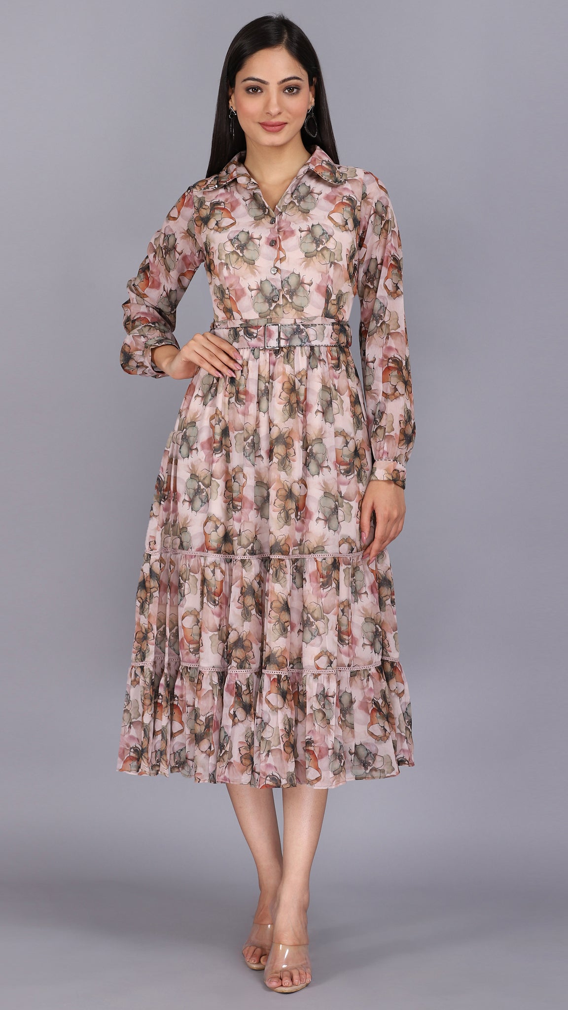 Classic printed tiered shirt dress