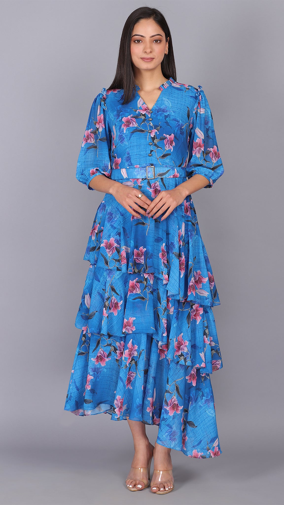 Blue Checks Flared Sleeve Maxi Dress For Women – Zink London