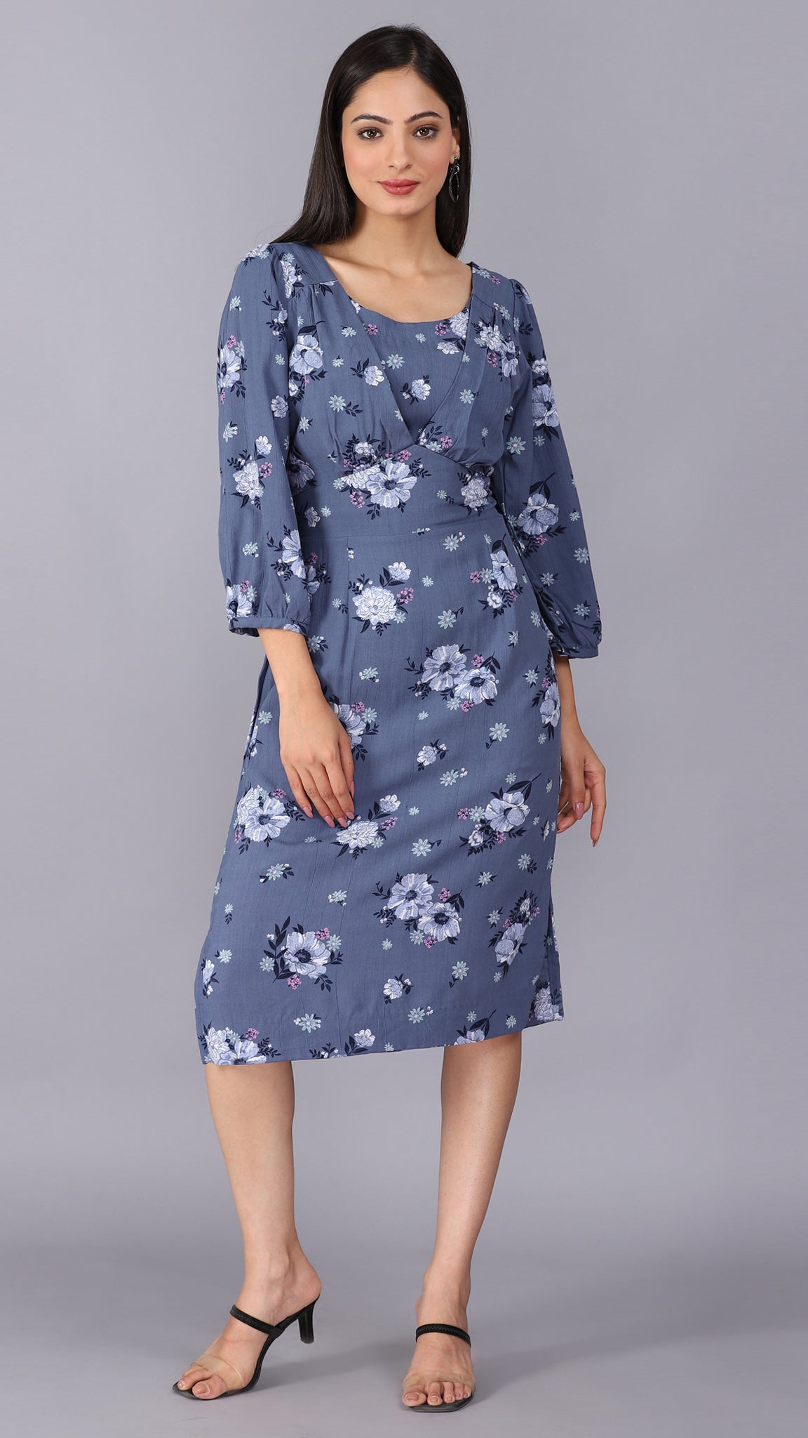 Floral print cornflower blue dress