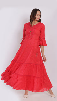 Thumbnail for Embroidered neck coral tiered dress