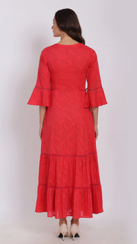 Thumbnail for Embroidered neck coral tiered dress