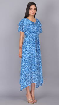 Thumbnail for Front Up V Neck Blue Paisley Printed Dress