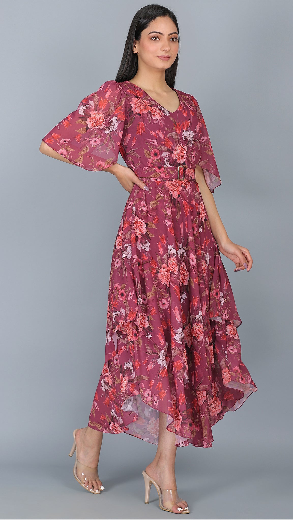 Wine Floral Printed Dress