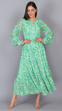 Thumbnail for Aqua green tiered hem puff sleeves maxi dress