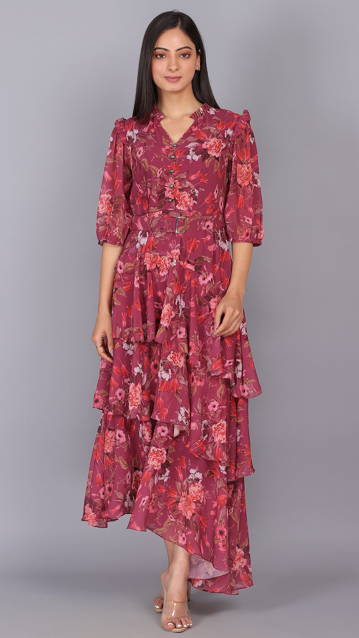Wine Floral 3 Layers Up Down Dress