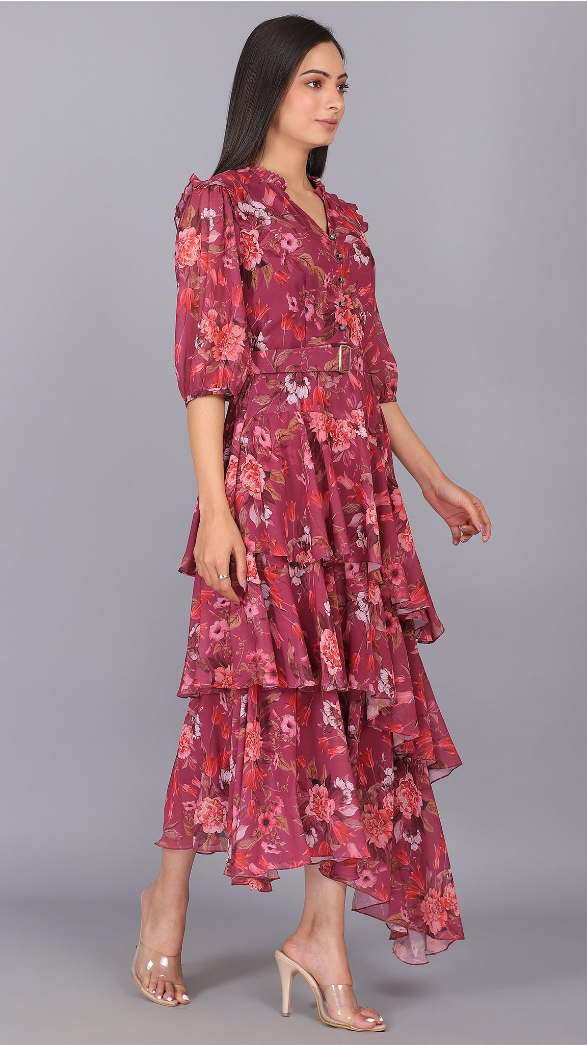 Wine Floral 3 Layers Up Down Dress