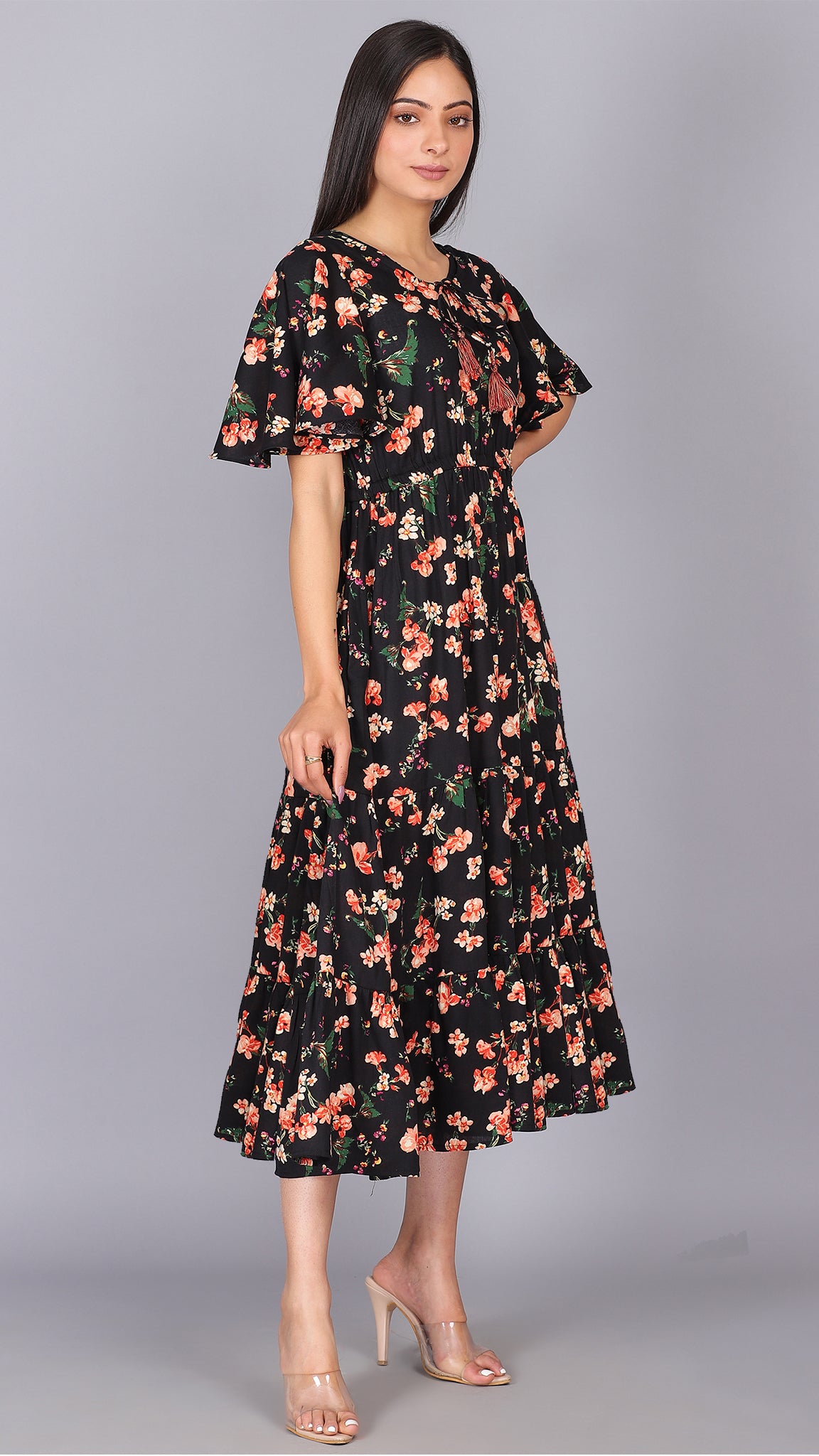 plusS Black Yellow Floral Print Fit Flare Round Neck Maxi Dress – pluss.in
