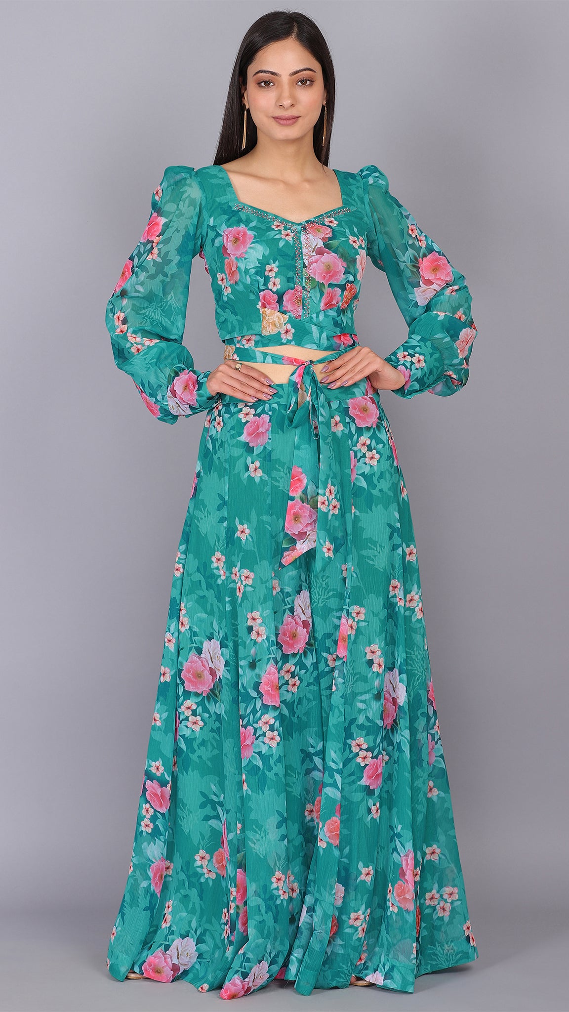 Floral Embroidered Printed Puff Sleeves 2 Pcs Ensemble