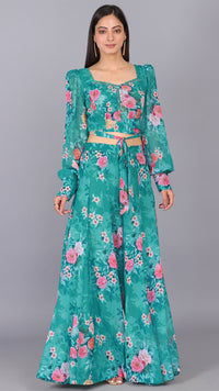 Thumbnail for Floral Embroidered Printed Puff Sleeves 2 Pcs Ensemble