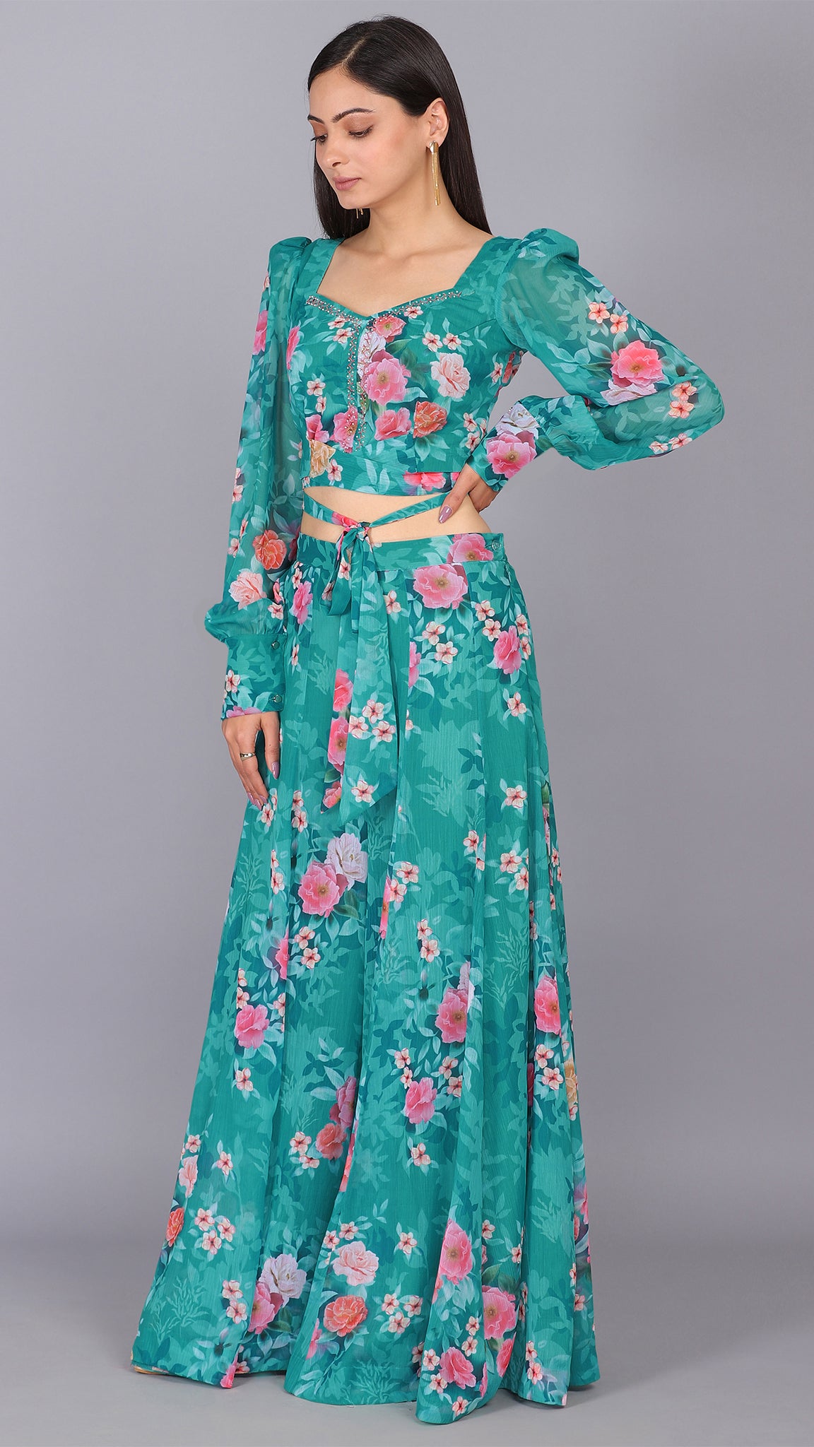 Floral Embroidered Printed Puff Sleeves 2 Pcs Ensemble